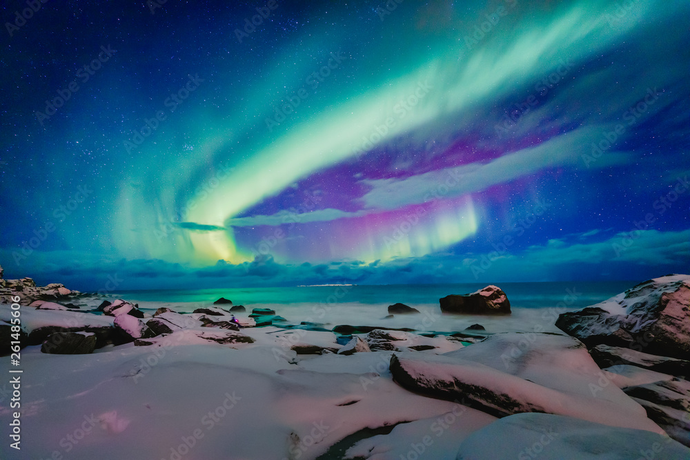 Amazing phenomenon - Aurora Borealis   over Uttakleiv Beach on Lofoten islands in Norway, Scandinavia, Europe. Northern lights - green ray of light in high stratosphere levels. Night winter landscape. - obrazy, fototapety, plakaty 