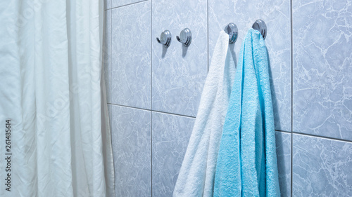 Towels hang in the bathroom