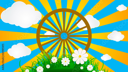 round grass with daisies and a sunny sky