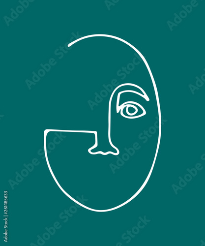 Abstract linear silhouette of human face. Modern avant- garde poster. White silhouette on turquoise background. Trendy minimalistic faces.