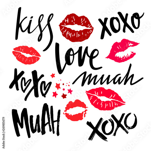 Handwritten Grunge Brush Lettering with Red Woman Lips. Vector Lipstick Kisses