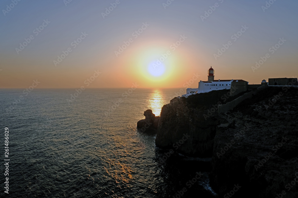 Lighthouse Cabo Vicente in Sagres Portugal at sunset