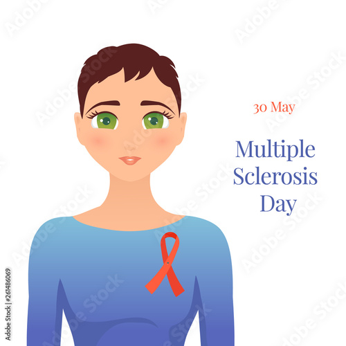 Multiple sclerosis ribbon awareness poster with a woman wearing an orange bow as a symbol of support. Medical concept. Vector illustration on white background.