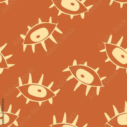 Seamless pattern with cute cartoon eyes in abstract style. Beige graphic drawnig of eyeballs with eyelashes on brown background. Trendy modern poster.