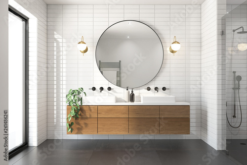 3d rendering of a modern minimal white bathroom with big round mirror photo