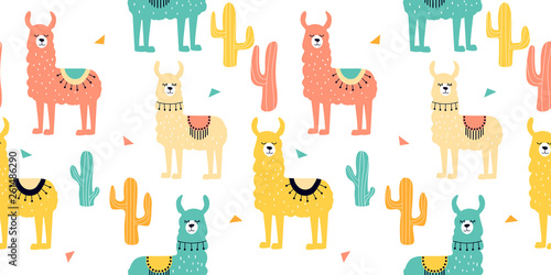 Seamless pattern with decorated lamas in poncho and cactus. Trendy cartoon print.Pink, yellow, blue  animal on white backdrop