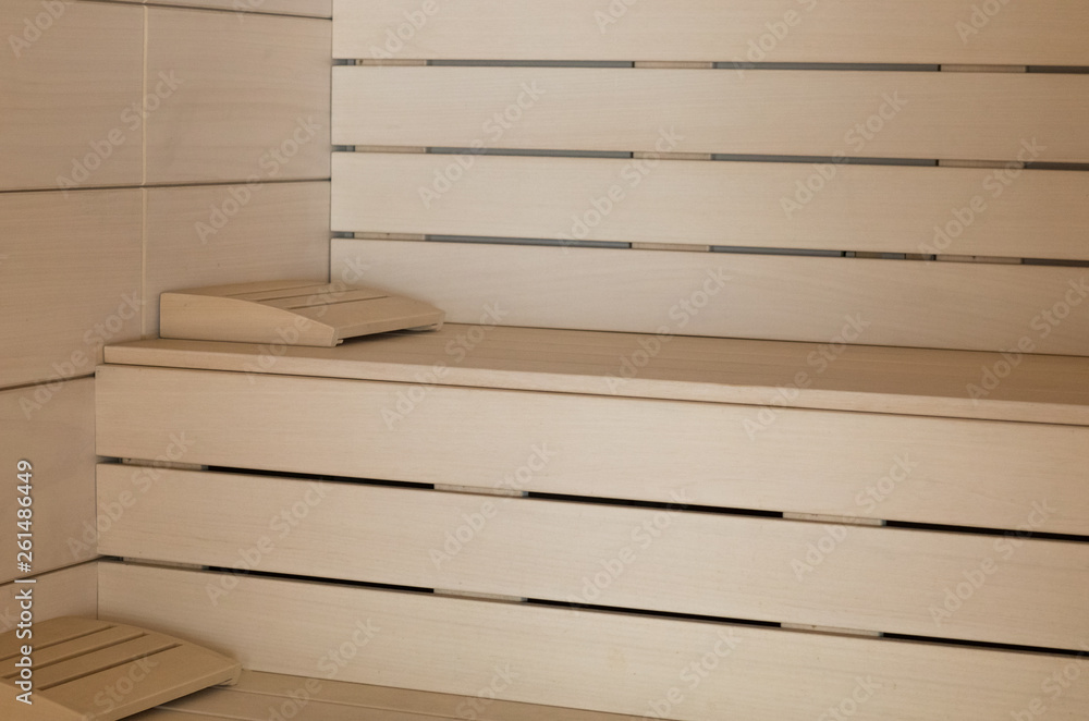 wooden shelves in the sauna