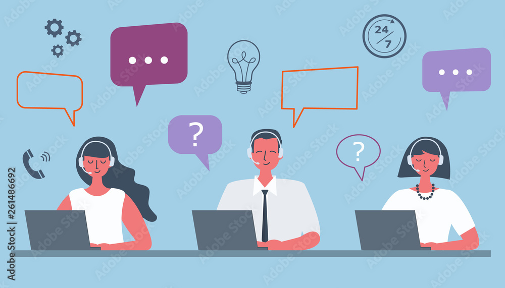 Web banner of call center workers. Support service icons. Young man and women in headphones are sitting at the desk on a blue background. People icons. Funky flat style. Vector illustration. Web banner of call center workers. Support service icons. Young man and women in headphones are sitting at the desk on a blue background. People icons. Funky flat style. Vector illustration.