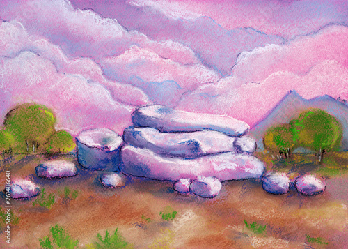 Large pink stones in the desert drawing by pastel