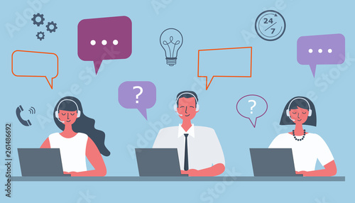 Web banner of call center workers. Support service icons. Young man and women in headphones are sitting at the desk on a blue background. People icons. Funky flat style. Vector illustration.