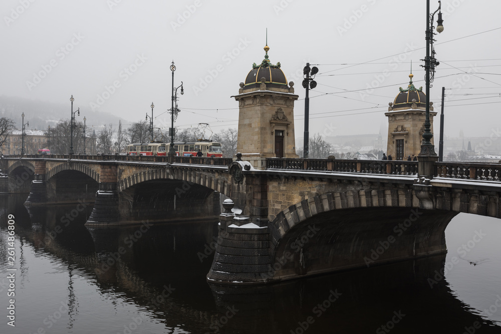 A view of Prague city scape with bridge and Vltava river