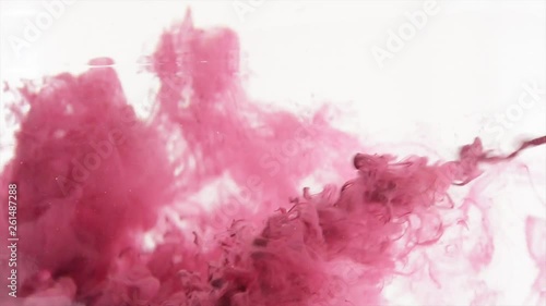 Pink ink in water. Acrylic splash on white background, art, liquid, cloud footage magenta colored. 