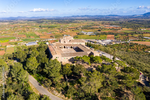 Aerial view, Santuari de Monti-Sión, Sanctuary Montesion, Puig de Monti-Sión, Porreres, Mallorca, Balearic Islands, Spain, jan 2019 photo