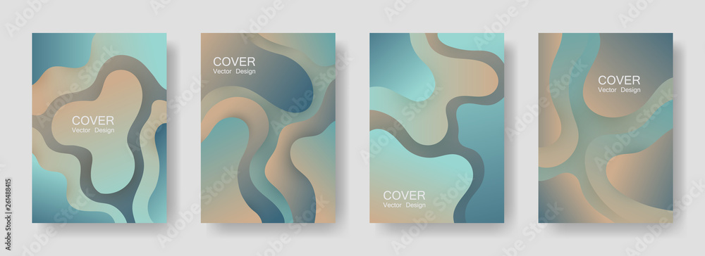 Gradient fluid shapes abstract covers vector collection. Colorful flyer backgrounds design. Organic bubble fluid splash shapes, oil drop molecular mixture concept backdrop. Cover pages.