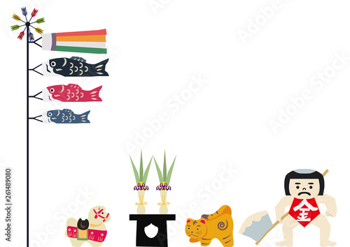 端午の節句のイメージ。 日本の季節のイラスト。 五月人形。こどもの日のイラスト素材。 金太郎。坂田金時の人形。