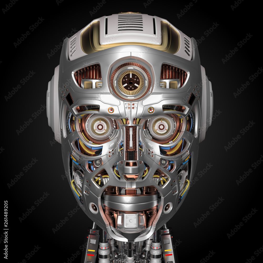 extremely detailed robot face or cyborg head. Front view isolated on black background. 3D Stock Illustration | Adobe Stock