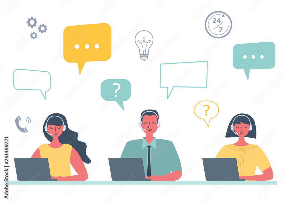 Web banner of call center workers. Support service icons. Young man and women in headphones are sitting at the desk on a white background. People icons. Funky flat style. Vector illustration. Web banner of call center workers. Support service icons. Young man and women in headphones are sitting at the desk on a white background. People icons. Funky flat style. Vector illustration.