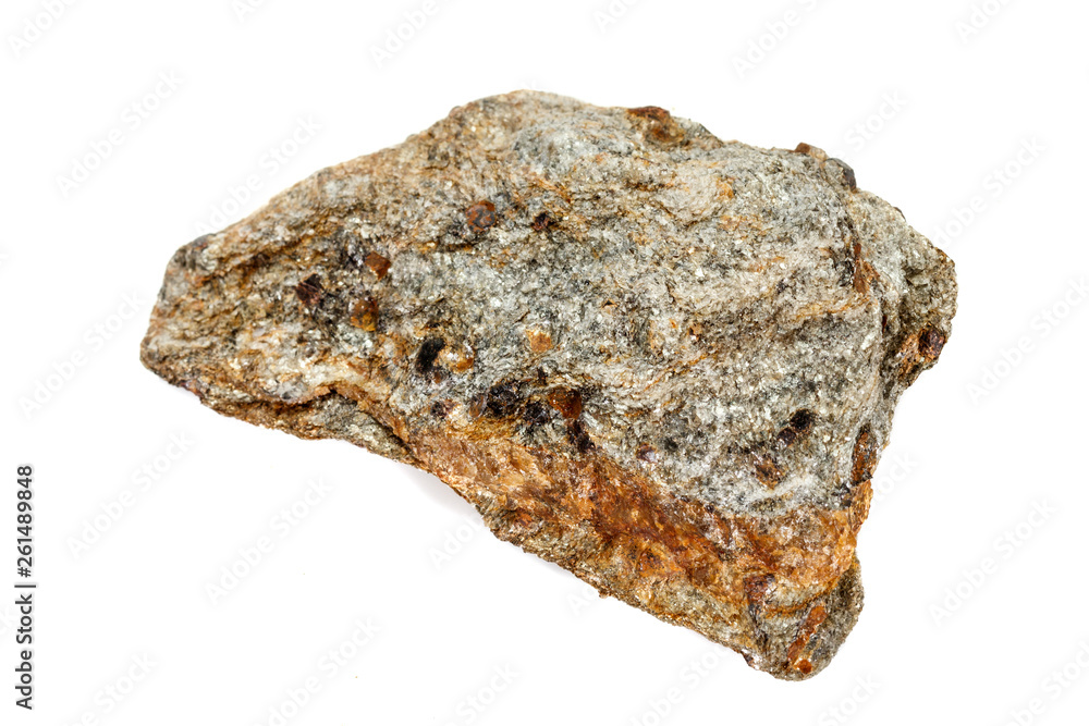 Macro stone Garnet mineral in rock on a white background