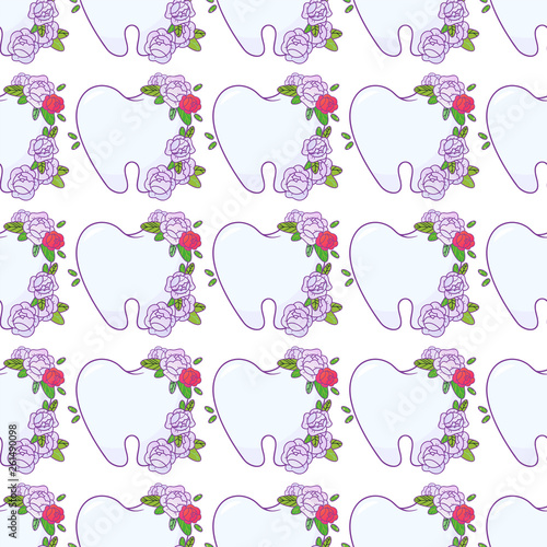 Vector seamless endless pattern. Beautiful dental design. Cute healthy teeth with rose flowers and leaves on white backgrounds. Background perfect for prints, textures, textile, wallpaper and more