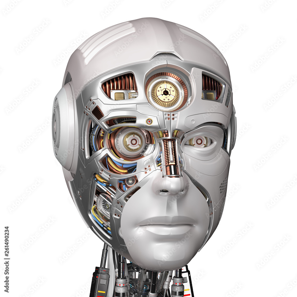 futuristic robot head with some very detailed parts uncovered under his  plastic face skin. Isolated on white background. 3D illustration Stock  Illustration | Adobe Stock
