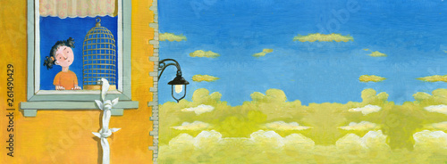 where is my bird surreal illustration banner acrylic painting  photo