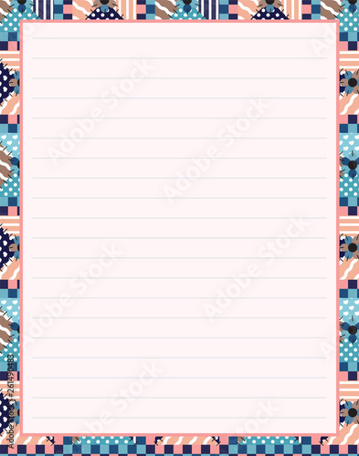 Vector printing paper note, optimal A4 size. Kawaii paper blank for notebook, handwriting letters, diary, planners, notes. Abstract illustration in patchwork, quilting, textile style. Lined version