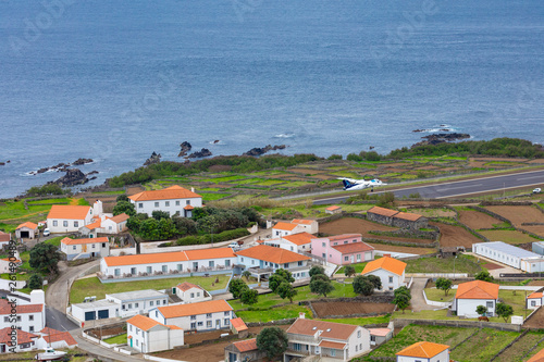 Vila do Corvo village and airstrip, Corvo island, The Azores, Portugal.