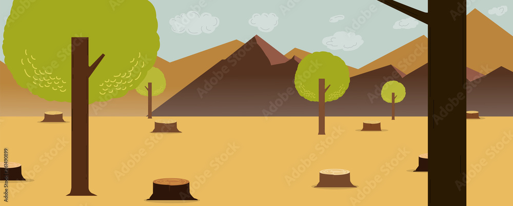 Cartoon nature deforest design with mountains and sky     warming concept. Cutting down trees.  Environmental pollution and Ecological problems Stock Vector | Adobe Stock