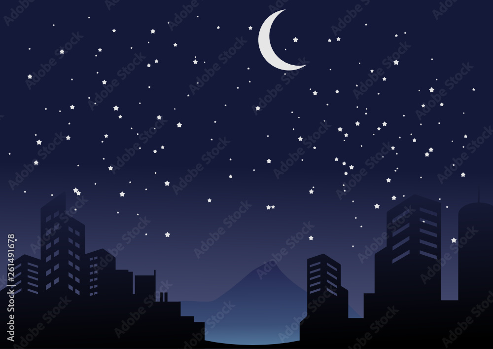 city at night with moon and stars silhouette