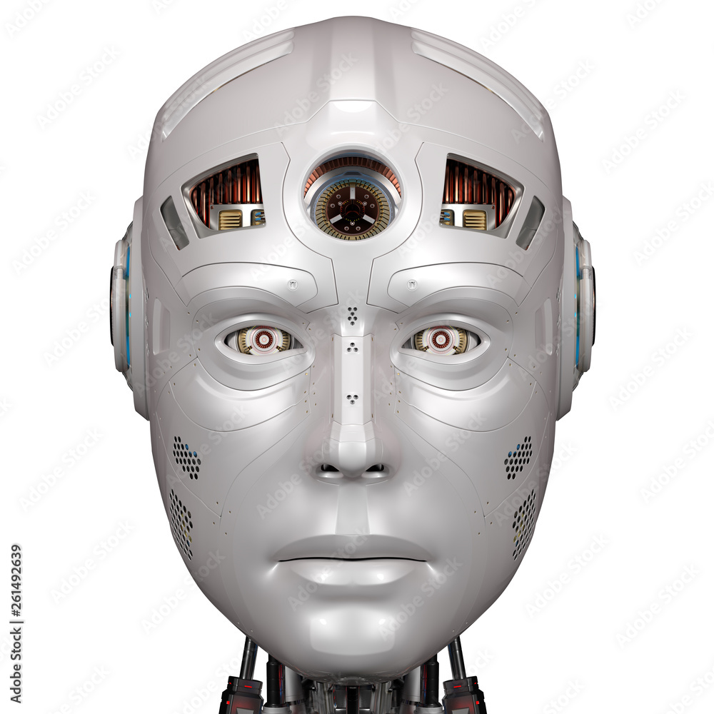 futuristic robot head or very detailed cyborg face. Front view. Isolated on  white background. 3D illustration Stock Illustration | Adobe Stock
