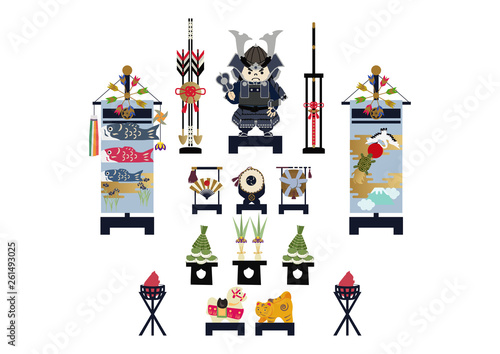 鎧武者。端午の節句のイメージ。 日本の季節のイラスト。 五月人形。こどもの日のイラスト素材。