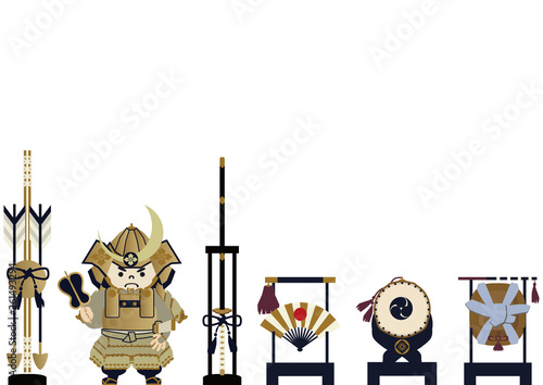 鎧武者。端午の節句のイメージ。 日本の季節のイラスト。 五月人形。こどもの日のイラスト素材。