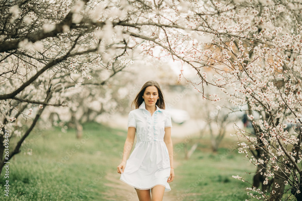 A young woman walks among the blossoming garden. A young woman walks among the blossoming garden.