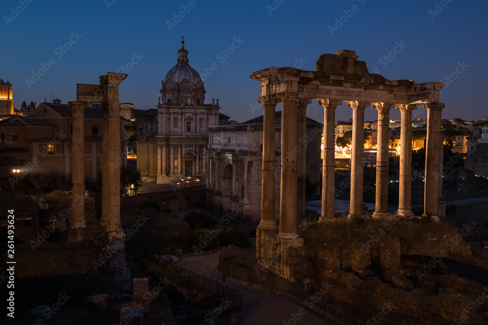 A view of Roman Forum in Rome at evening summer day