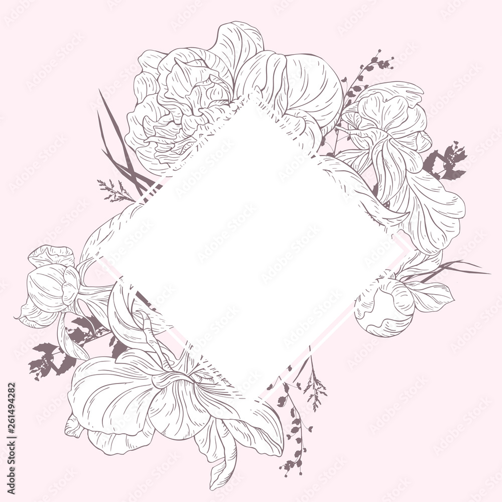 Elegant greeting card with plant in blossom, branch with flower ink sketch and copy space. Decorations for birthday, anniversary, celebration, wedding and event. Elegant greeting card with plant in blossom, branch with flower ink sketch and copy space. Decorations for birthday, anniversary, celebration, wedding and event.
