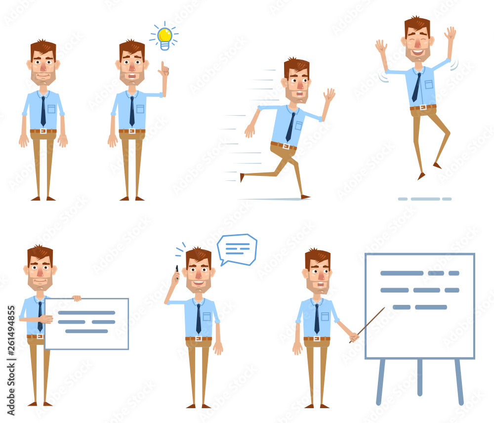 Set of businessman characters posing in different situations. Cheerful businessman pointing up, running, jumping, holding banner, talking on the phone, teaching. Flat style vector illustration Set of businessman characters posing in different situations. Cheerful businessman pointing up, running, jumping, holding banner, talking on the phone, teaching. Flat style vector illustration