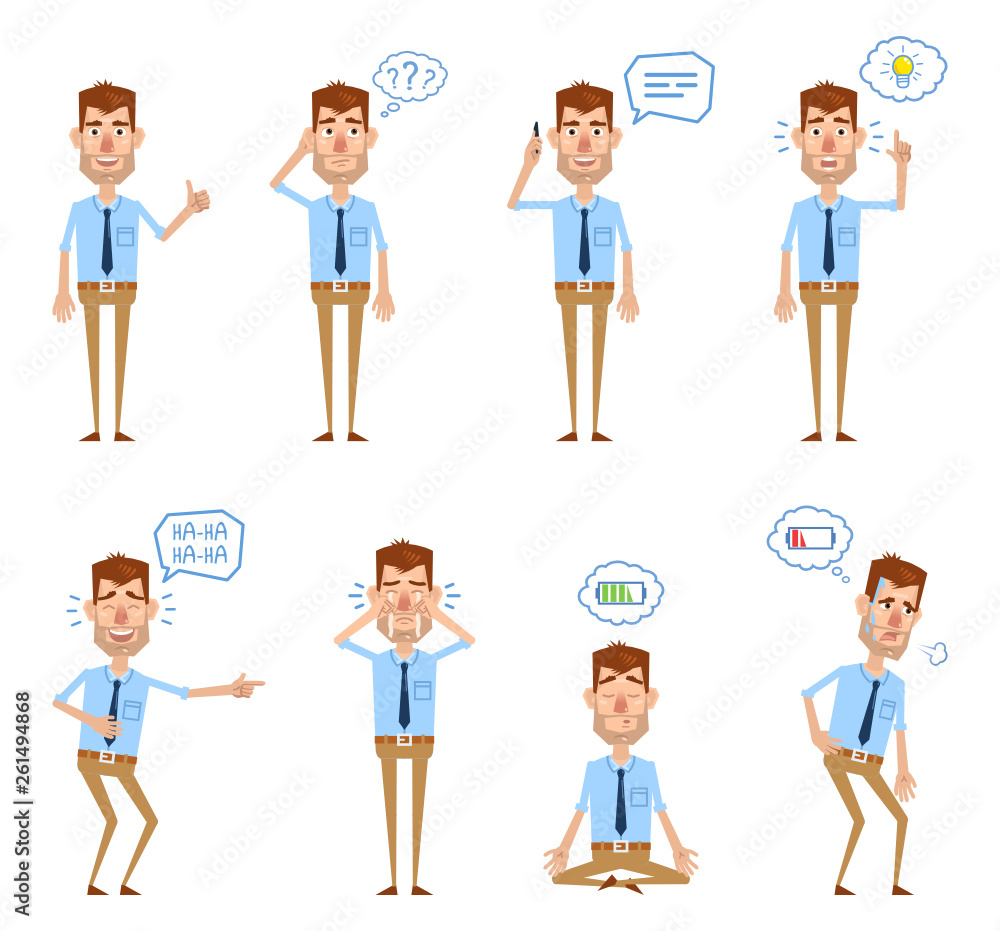 Set of businessman characters posing in different situations. Businessman thinking, laughing, pointing, crying, with mobile phone, meditating, tired. Flat design vector illustration Set of businessman characters posing in different situations. Businessman thinking, laughing, pointing, crying, with mobile phone, meditating, tired. Flat design vector illustration