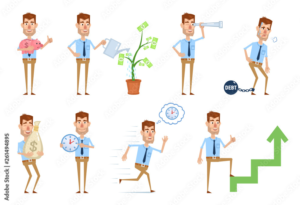 Set of businessman characters posing in different situations. Cheerful businessman posing with piggy bank, big money bag, spyglass, money tree. Successful businessman concept. Vector illustration Set of businessman characters posing in different situations. Cheerful businessman posing with piggy bank, big money bag, spyglass, money tree. Successful businessman concept. Vector illustration