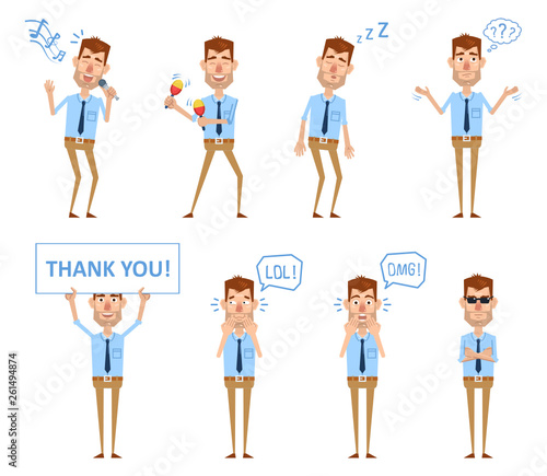 Set of businessman characters posing in different situations. Businessman singing, dancing, sleeping, thinking, laughing, surprised, holding banner. Flat design vector illustration