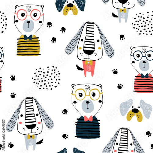 Seamless pattern with funny dogs, bear and hand drawn elements. Creative zoo childish texture. Great for fabric, textile Vector Illustration