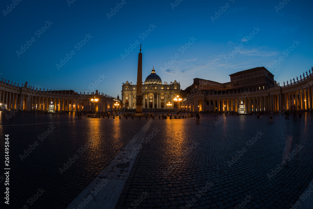 Saint Peter Square and Saint Peter Basilica at sunset time