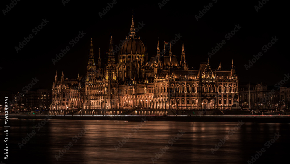 Night view of famous Hungarian parliament building with Danude river