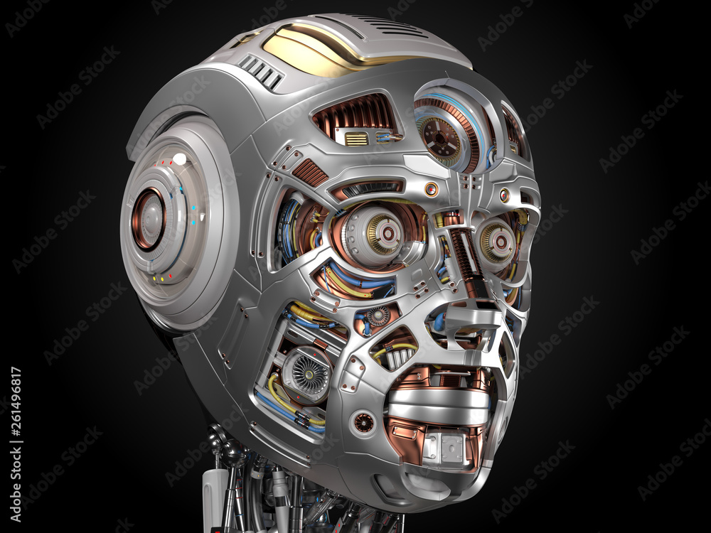 very detailed cyborg face or robot head with many details isolated on black background. 3D illustration