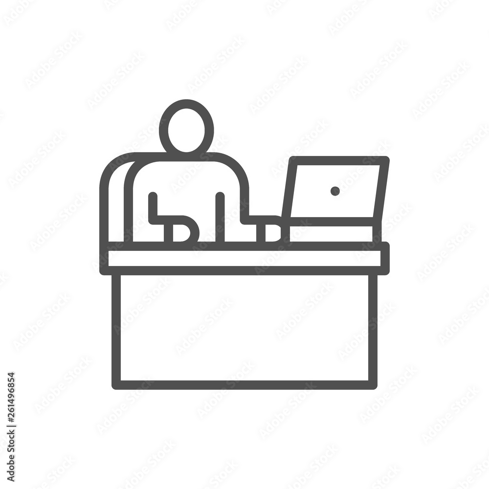Man at workplace, office working, boss line icon. Man at workplace, office working, boss line icon.