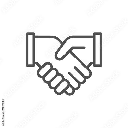 Business handshake, contract agreement, partnership line icon.