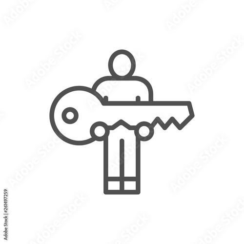 Human hold big key line icon. Isolated on white background