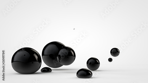 3D illustration of black deformed balls around white ball, isolated image on white background. Unusual figures, abstraction. 3D rendering