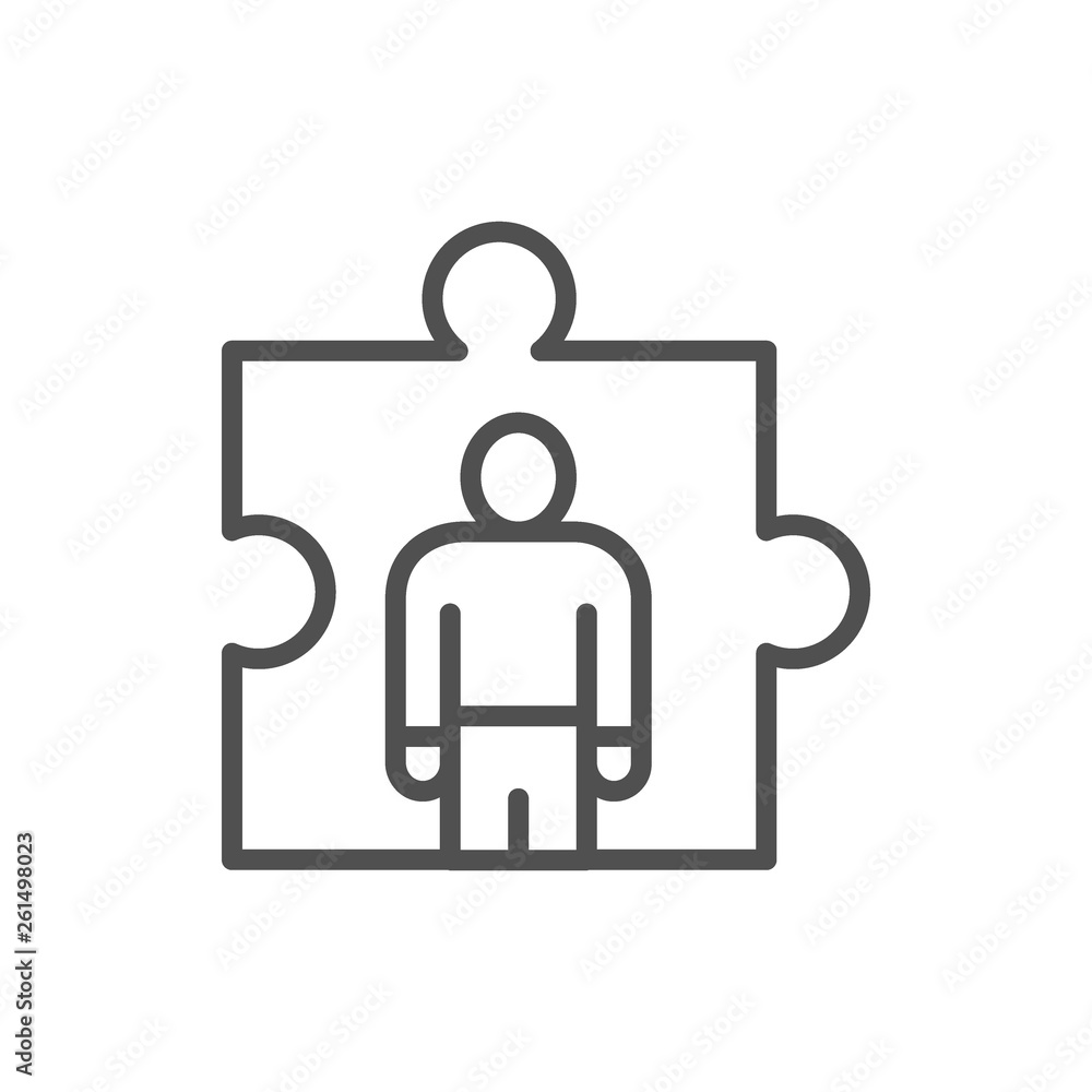 Man in a puzzle, human resource management, recruitment and hiring line icon. Man in a puzzle, human resource management, recruitment and hiring line icon.