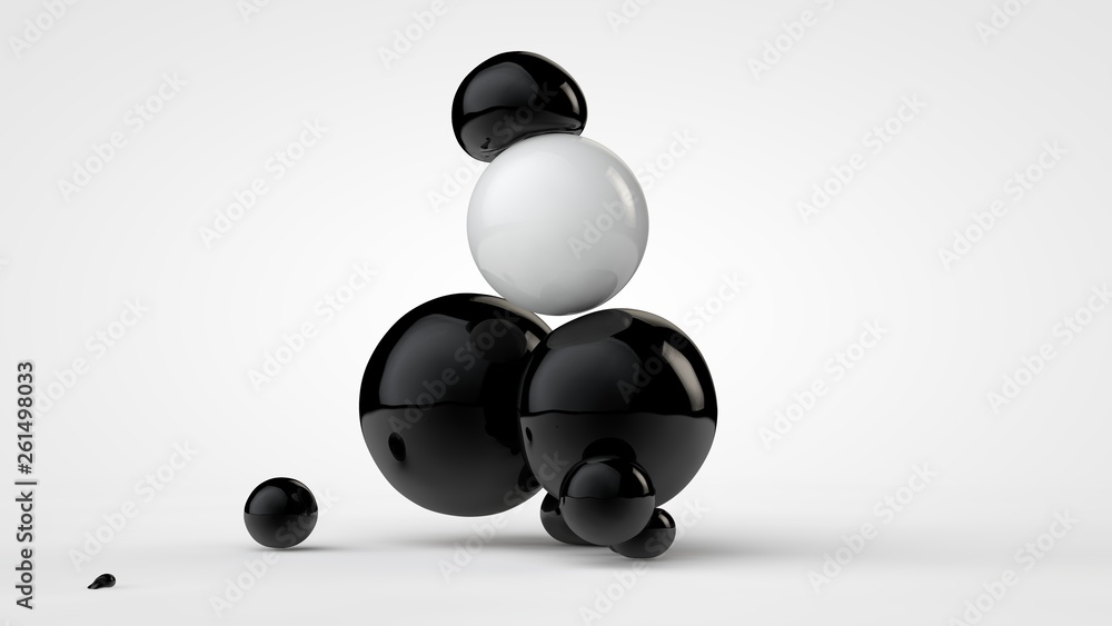 3D illustration of black deformed balls around white ball, isolated image on white background. Unusual figures, abstraction. 3D rendering 3D illustration of black deformed balls around white ball, isolated image on white background. Unusual figures, abstraction. 3D rendering