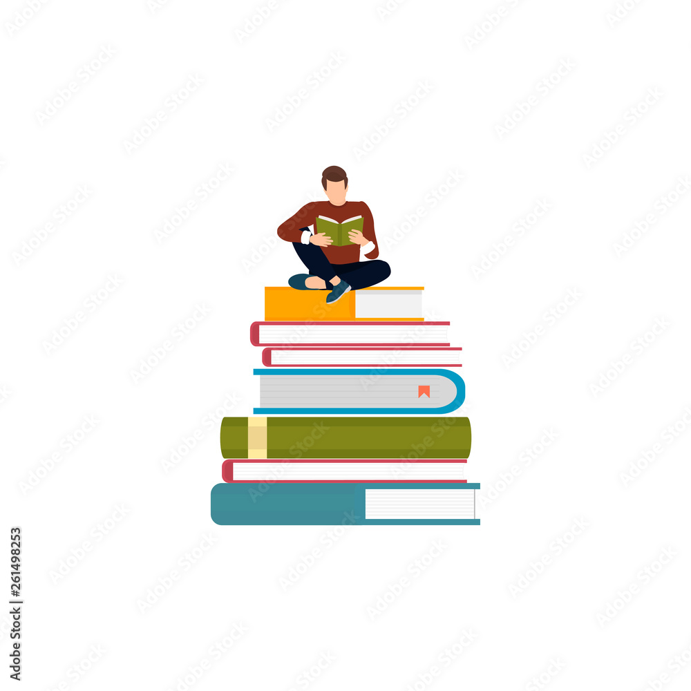 A man reading a book is sitting on a stack books. Flat design vector illustration. A man reading a book is sitting on a stack books. Flat design vector illustration.